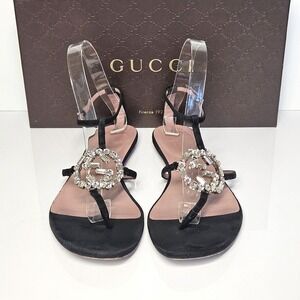 Gucci Black Suede Crystal Interlocking G T-Strap Flat Sandals Glam Size 37.5